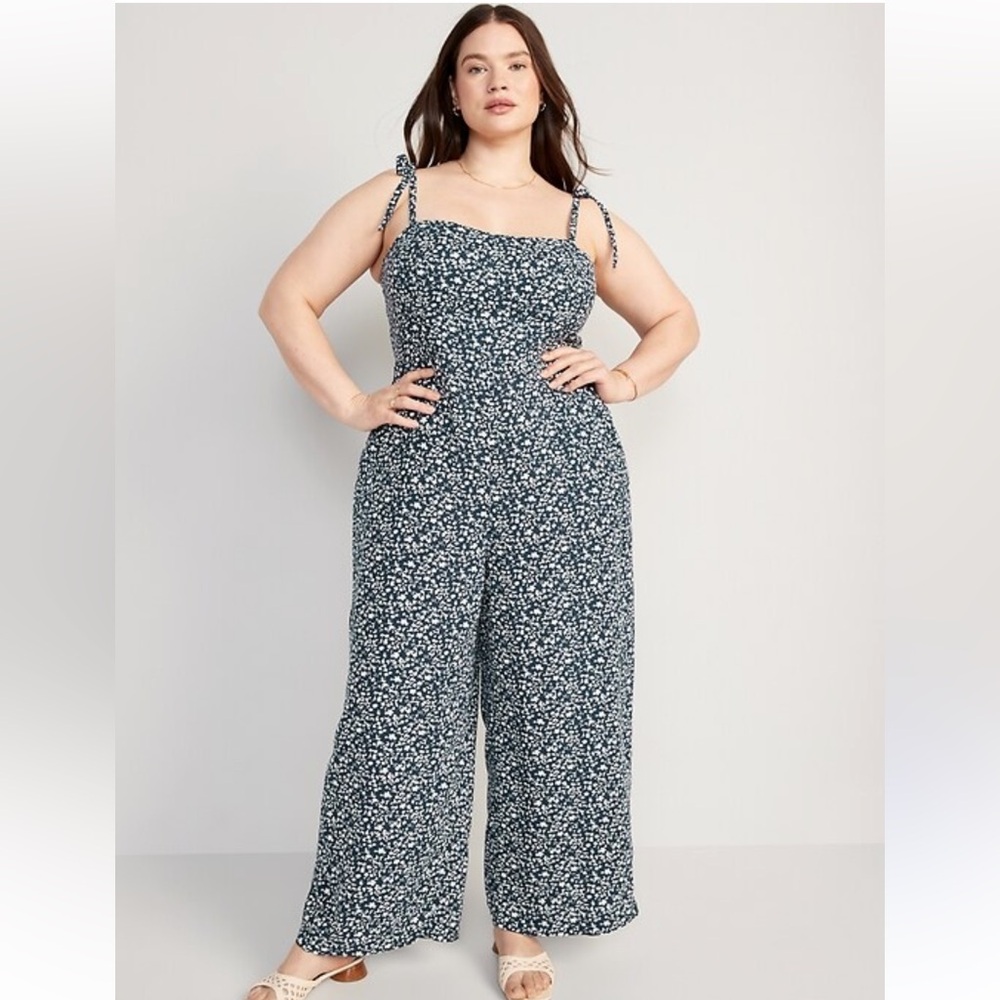 💙OLD NAVY NWOT FLORAL LINEN BLEND TIE SHOULDERS CORSET JUMPSUIT + POCKETS